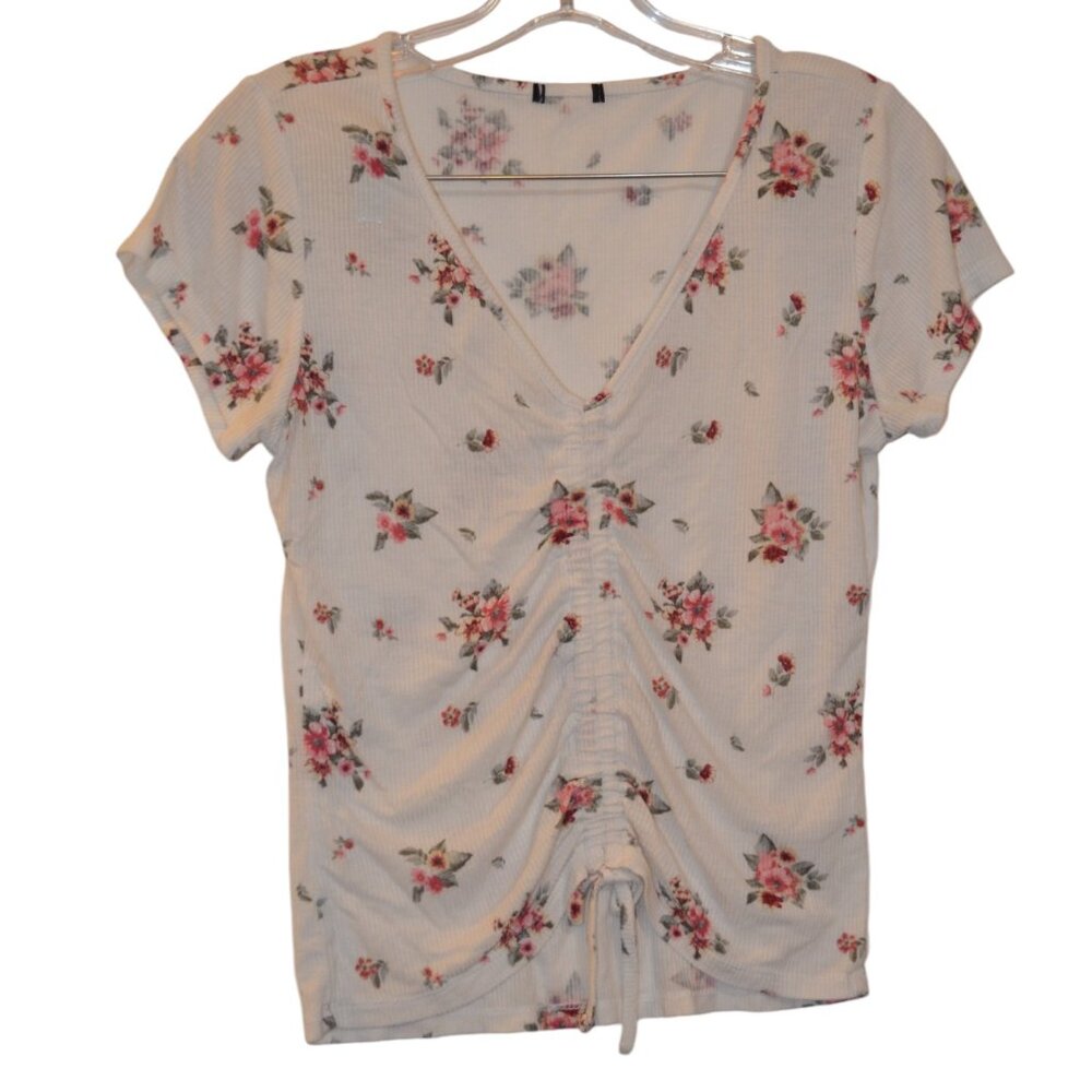 Soft Tender Corduroy Texture Fabric White Red-Green Floral V-Neck Tie-Down Top S